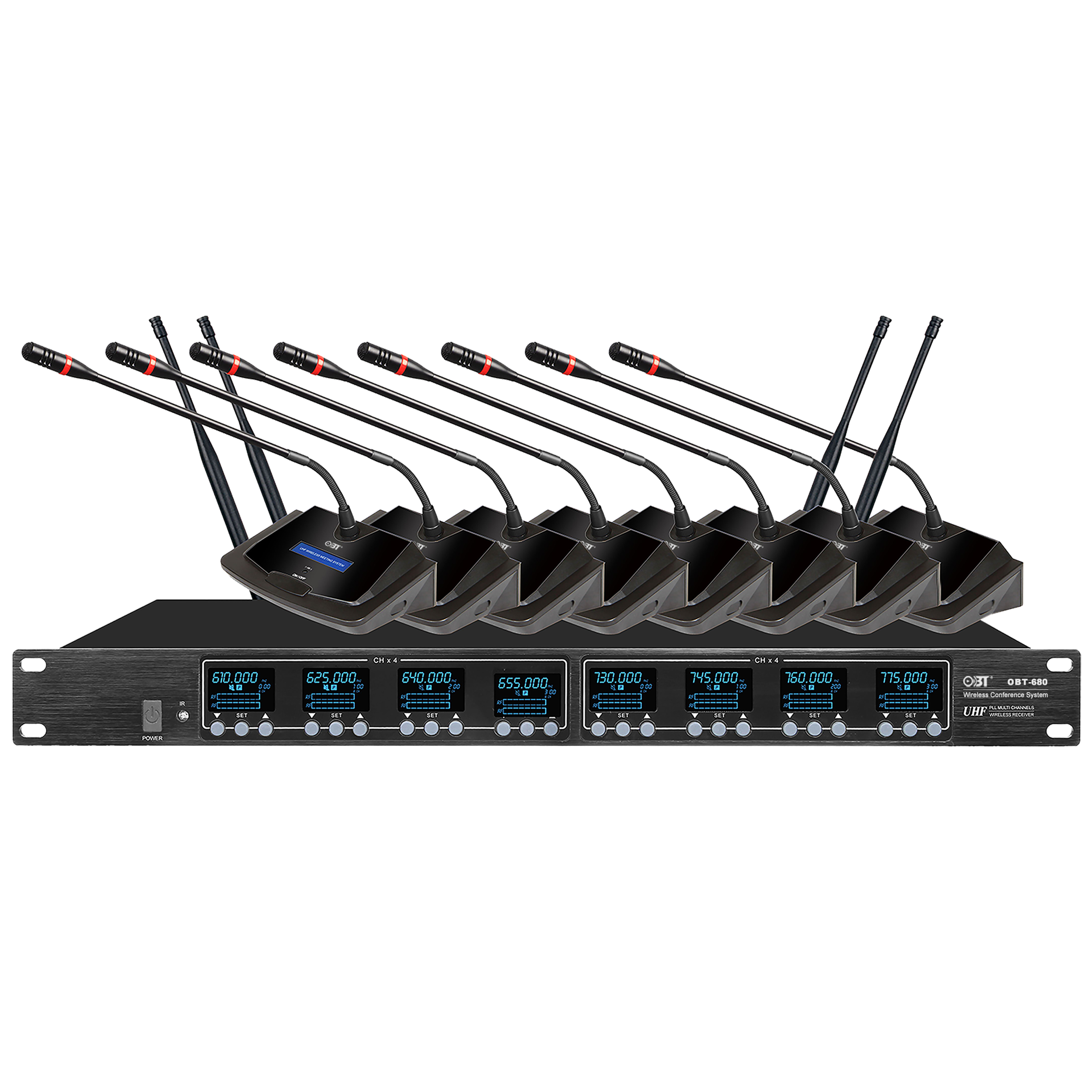 U段無線會(huì)議系統(tǒng)一拖八無線話筒套裝 OBT-680